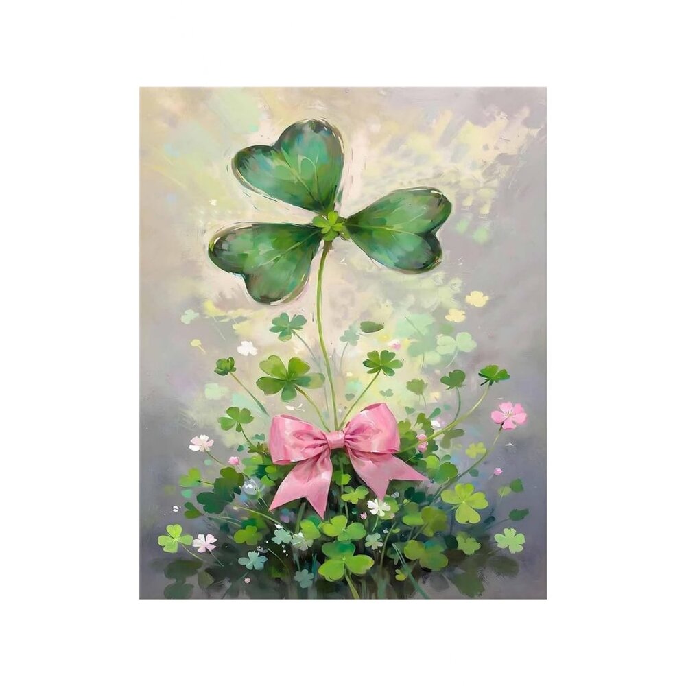Lucky Shamrocks and Pink Bow Unframed Canvas Wall Art  16" X 20"